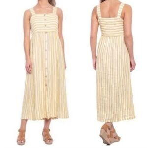 100% Linen Yellow & Ivory Stripe Button Front Sundress Size 6 Long Midi Summer